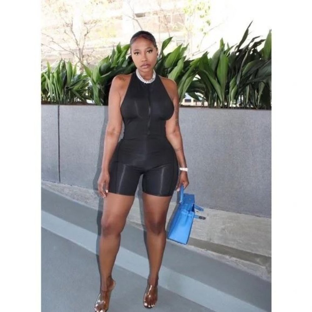 Biker Short Open Back Romper - Size Small - Black - Full Front Zipper - NWOT